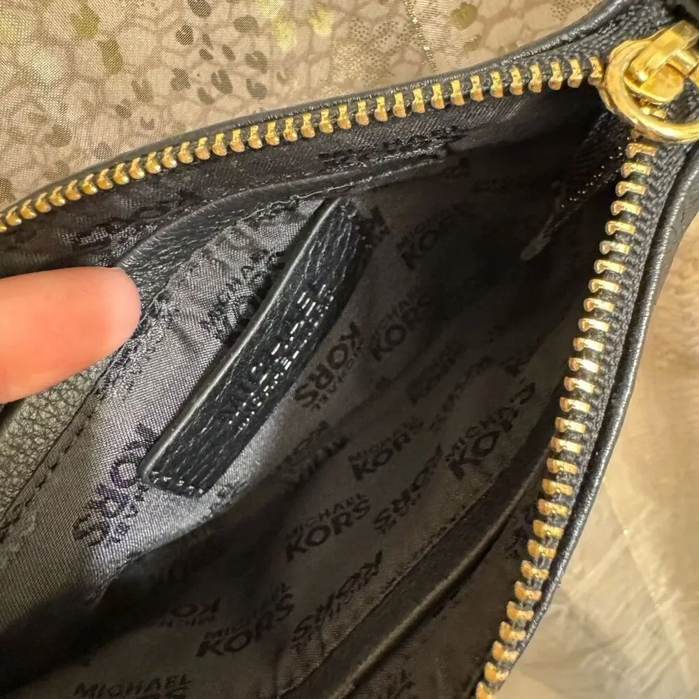Michael Kors Black Gold Logo Pebble Leather Clutch Wristlet Zip Bag